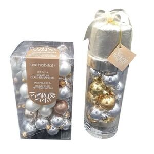 2 Containers Silver & Gold Small Christmas Ornaments- 66 Ornaments & Candle